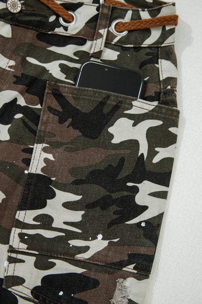 Green Camouflage Print Splashed Distressed Loose Denim Pants