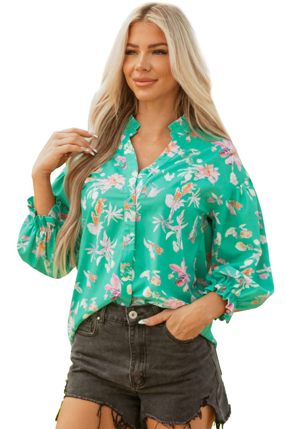 Green Floral Lantern Sleeve Button Front Shirt
