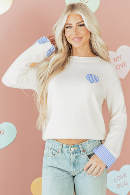 White Plaid Heart Embroidered Cuffed Drop Shoulder Crew Neck Sweater