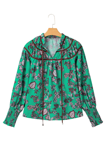 Green Leaves Print Contrast Trim V Neck Shirred Puff Sleeve Blouse