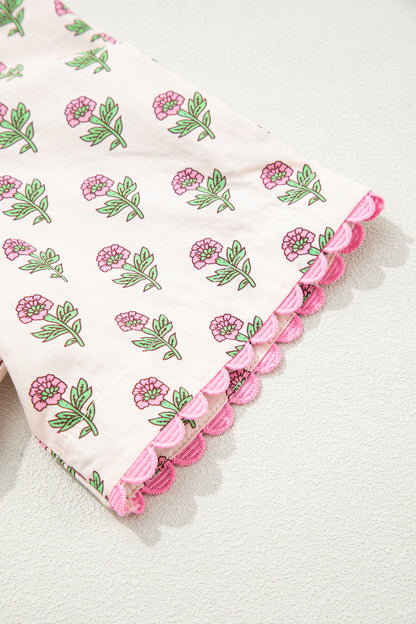 Pink Floral Print V Neck Scallop Trim Button Front Short Sleeve Long Dress