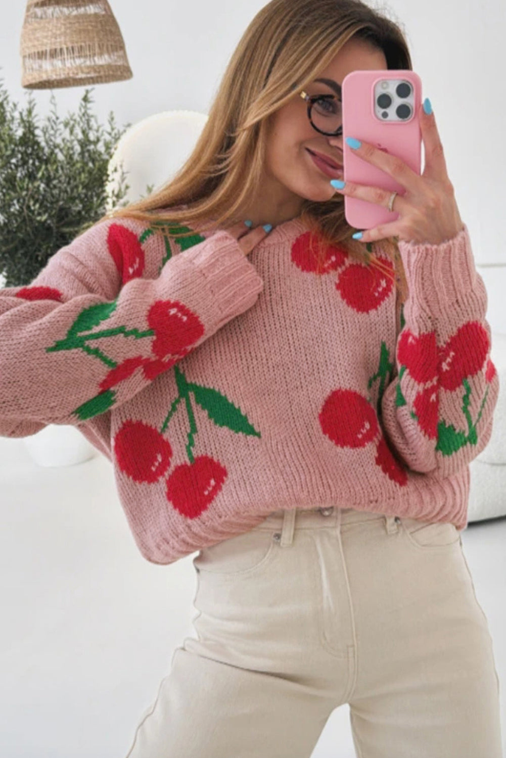 Pink Dainty Cherry Print Loose Cropped Sweater