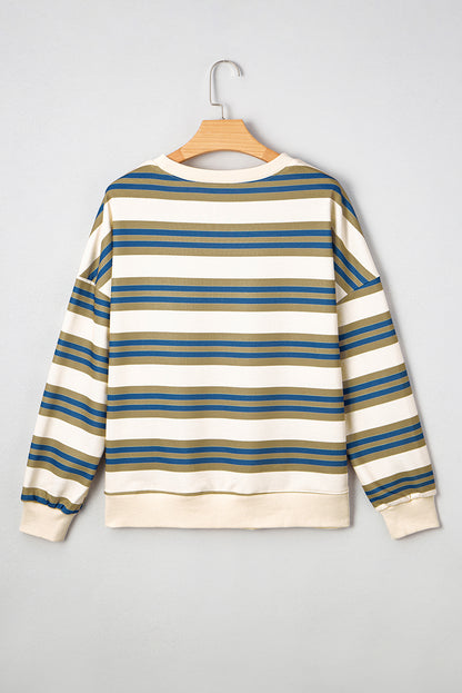 Khaki Stripe Crew Neck Drop Shoulder Pullover Sweatshirt