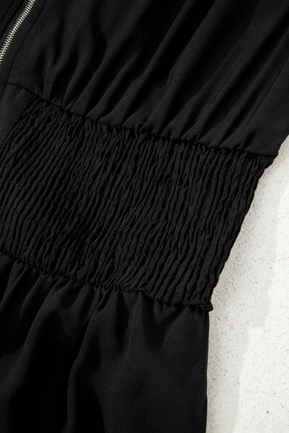 Black Sleeveless Zipped Front V Neck Shirred Waist Maxi Dress