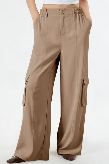 Camel Solid Color Elastic High Waist Loose Cargo Pants