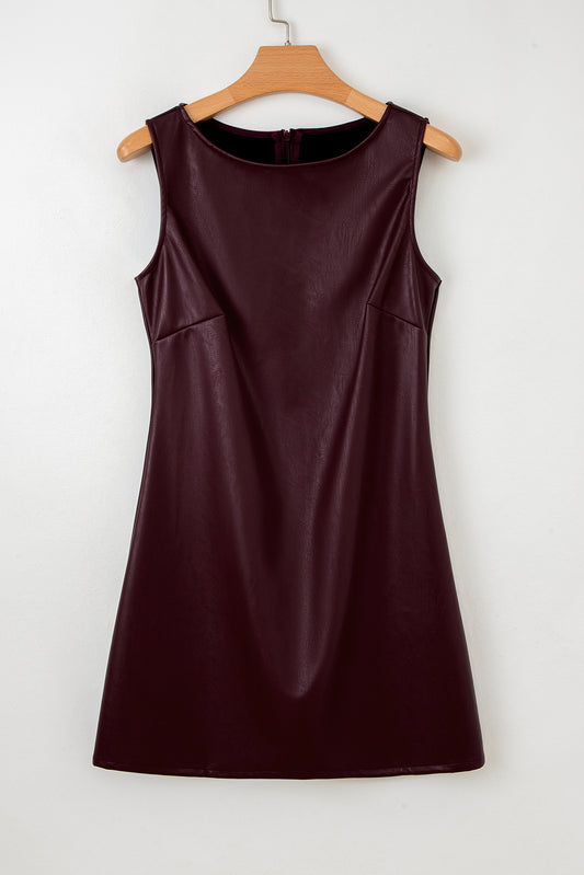 Coffee Vegan Leather Sleeveless Mini Dress