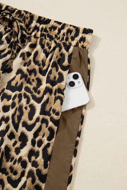 Brown Leopard Collared 3/4 Sleeve Shirt and Loose Pants Two Piece Outfit Set