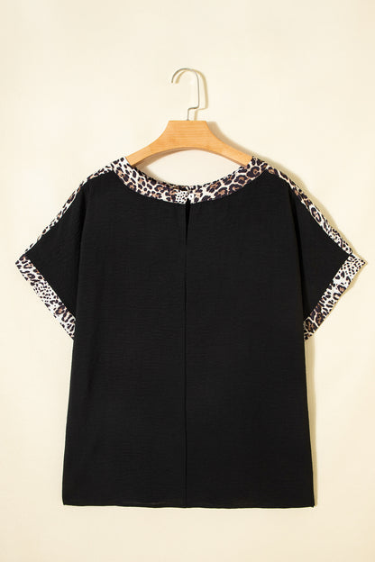 Black Plus Size Leopard Patchwork Round Neck Loose Tee