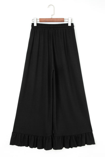 Black Ruffled Wide Leg Pull On High Waist Pants with Pockets