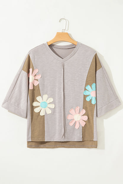Green Flower Patched Exposed Seam Bracelet Sleeve Oversized T Shirt