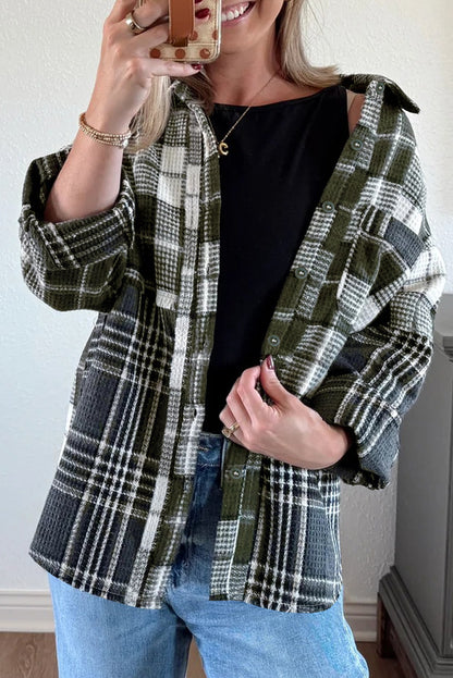 Black Plaid Print Textured Knit Buttoned Shacket