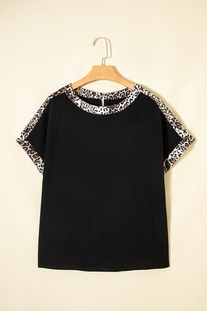 Black Plus Size Leopard Patchwork Round Neck Loose Tee