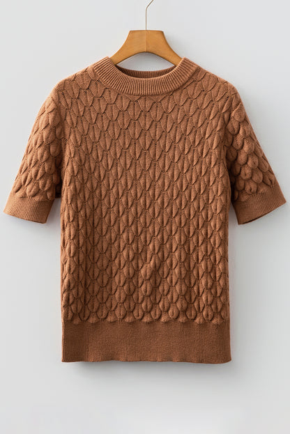 Straw Yellow Fish Scale Textured Knit Ribbed High Neck Short Sleeve Sweater