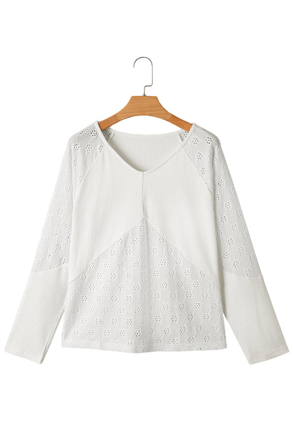 White Twisted Rib Patchwork Embroidered Loose V Neck Long Sleeve Top