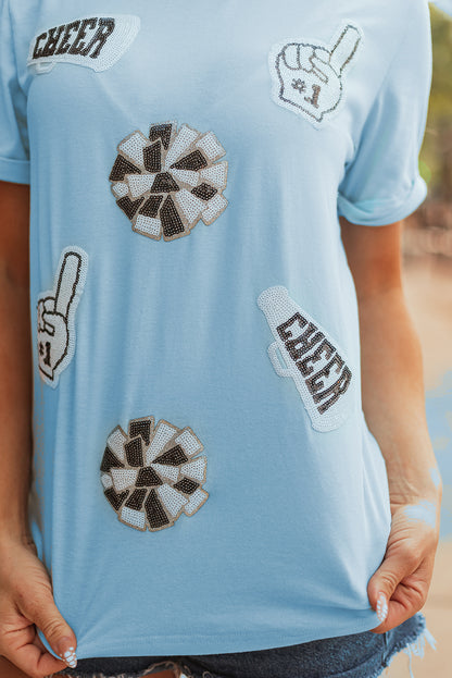 Light Blue Cheer Game Day Element Sequin Patched T Shirt