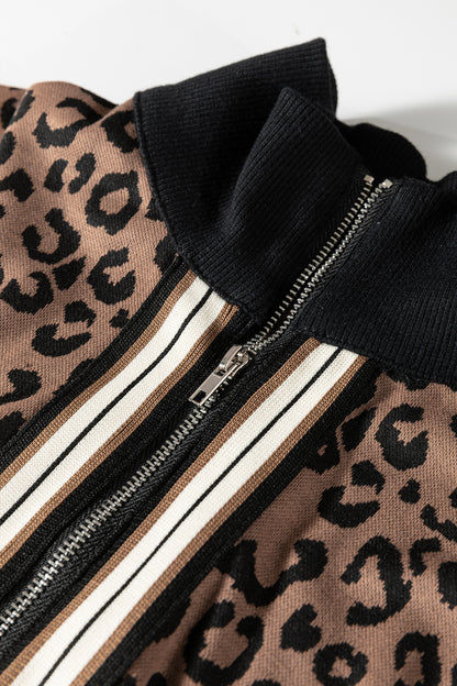 Khaki Leopard Print Quarter Zip Long Sleeve Top Mini Skirt Set