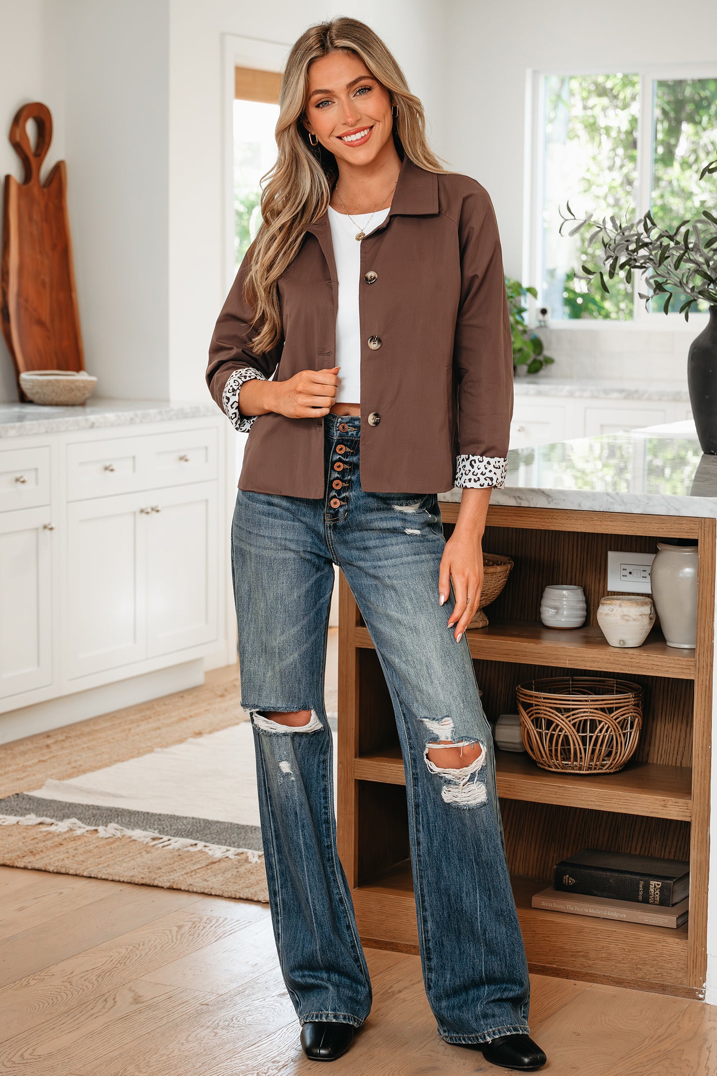 Dark Brown Collared Buttoned Leopard Liner Patchwork Chic Jacket