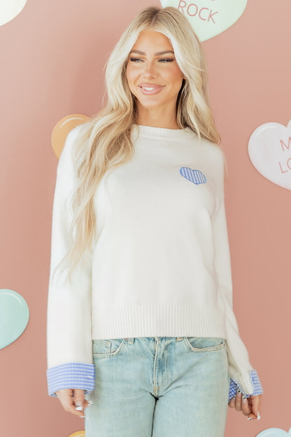 White Plaid Heart Embroidered Cuffed Drop Shoulder Crew Neck Sweater