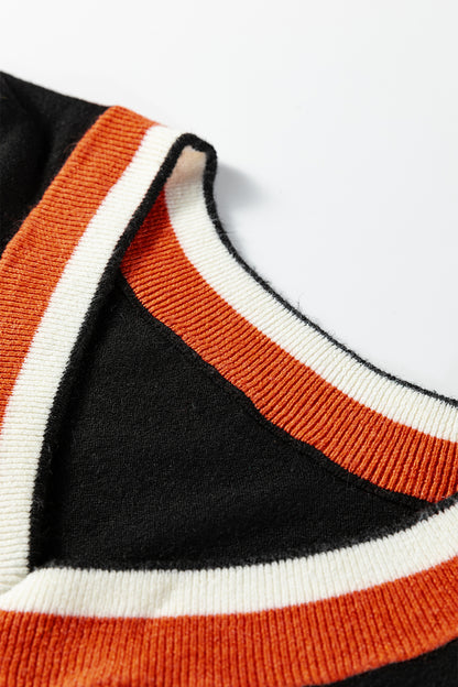 Black Contrast Striped Trim V Neck Varsity Sweater