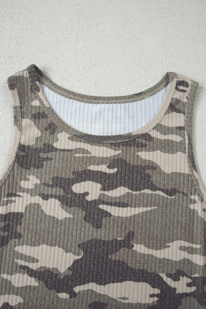Green Camouflage Print Ribbed Knit Round Neck Tank Top