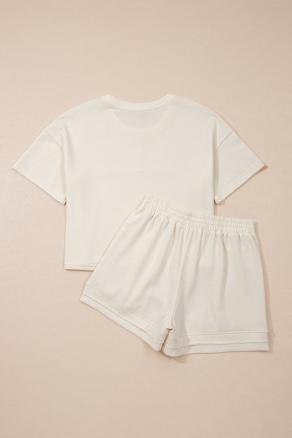 Jet Stream Solid Color Contrast Textured Patchwork Raw Edge 2pcs Short Set