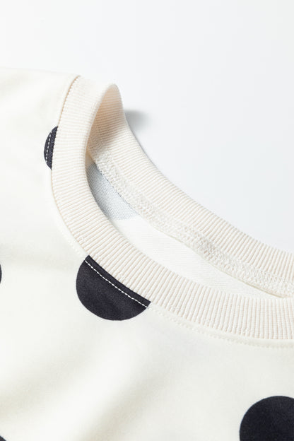 Beige Polka Dot Print Drop Shoulder Pullover Drawstring Jogger Pant Set