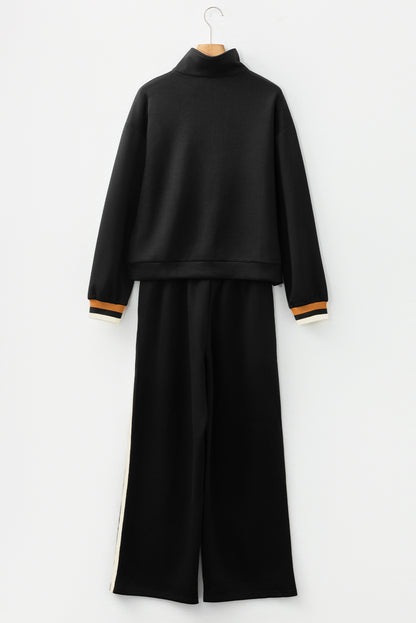 Gray Striped Patchwork Quarter Zip Pullover Loose Pant Set