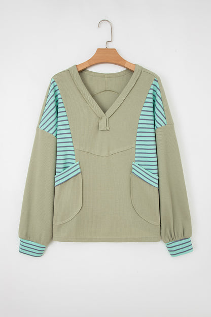 Dusk Blue Exposed Seam Waffle Striped Patchwork Baggy Pullover