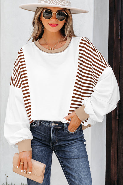Brown Stripe Colorblock Patchwork Contrast Stitching Oversize Sweatshirt