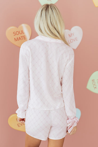 Pink Bow Lattice Print Bow Ties 2pcs Pajama Set