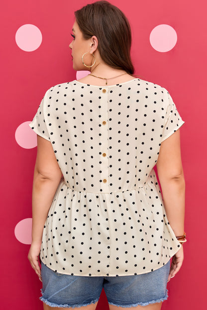 Apricot Plus Size Polka Dot Print Button Detail Short Sleeve Babydoll Blouse