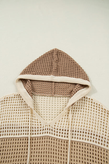 Parchment Colorblock Hollowed Knit Plus Size Hooded Jumper Sweater