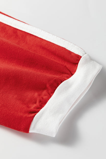 Fiery Red Varsity Striped Accent Contrast Crew Neck Long Sleeve T Shirt