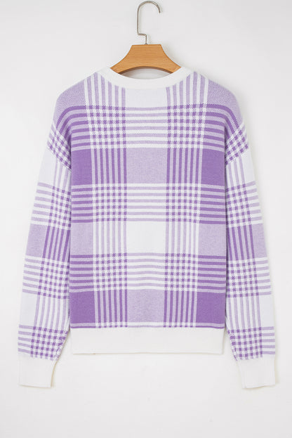 Lilac Plaid Print Ribbed Trim Loose Sweater