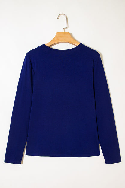 Navy Blue Asymmetric Seam Detail Solid Color Long Sleeve Top
