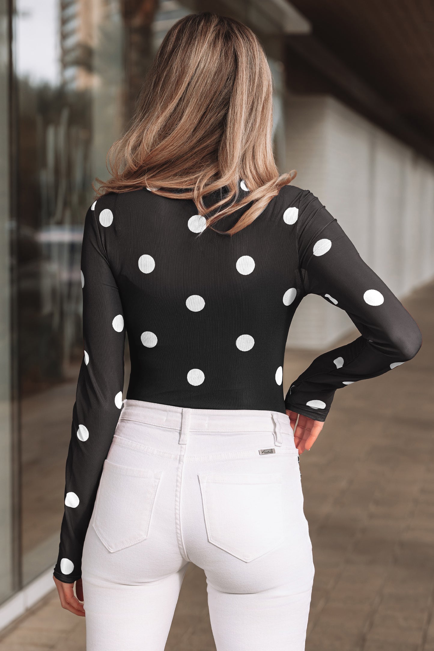 Black Vintage Polka Dot Print Mesh Long Sleeve Bodysuit