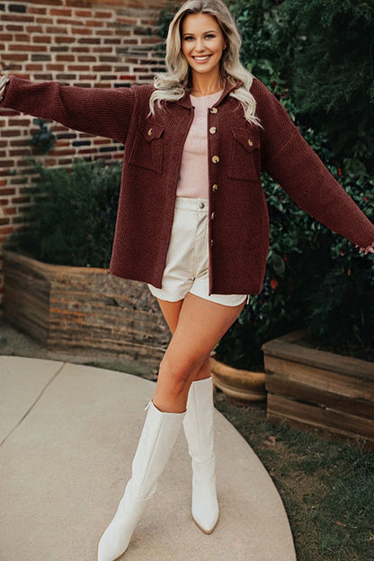 Red Sandalwood Ribbed Knit Buttons Front Flap Pocket Casual Shacket