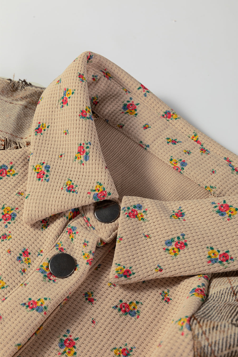 Ashleigh Blue Boho Floral Plaid Patchwork Distressed Detail Ruffled Sleeve Waffle Knit Shacket