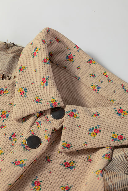 Ashleigh Blue Boho Floral Plaid Patchwork Distressed Detail Ruffled Sleeve Waffle Knit Shacket