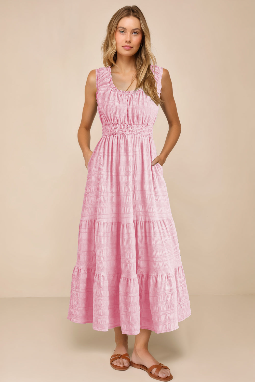 Pink Shirred Pleated Square Neck Sleeveless Midi Dress