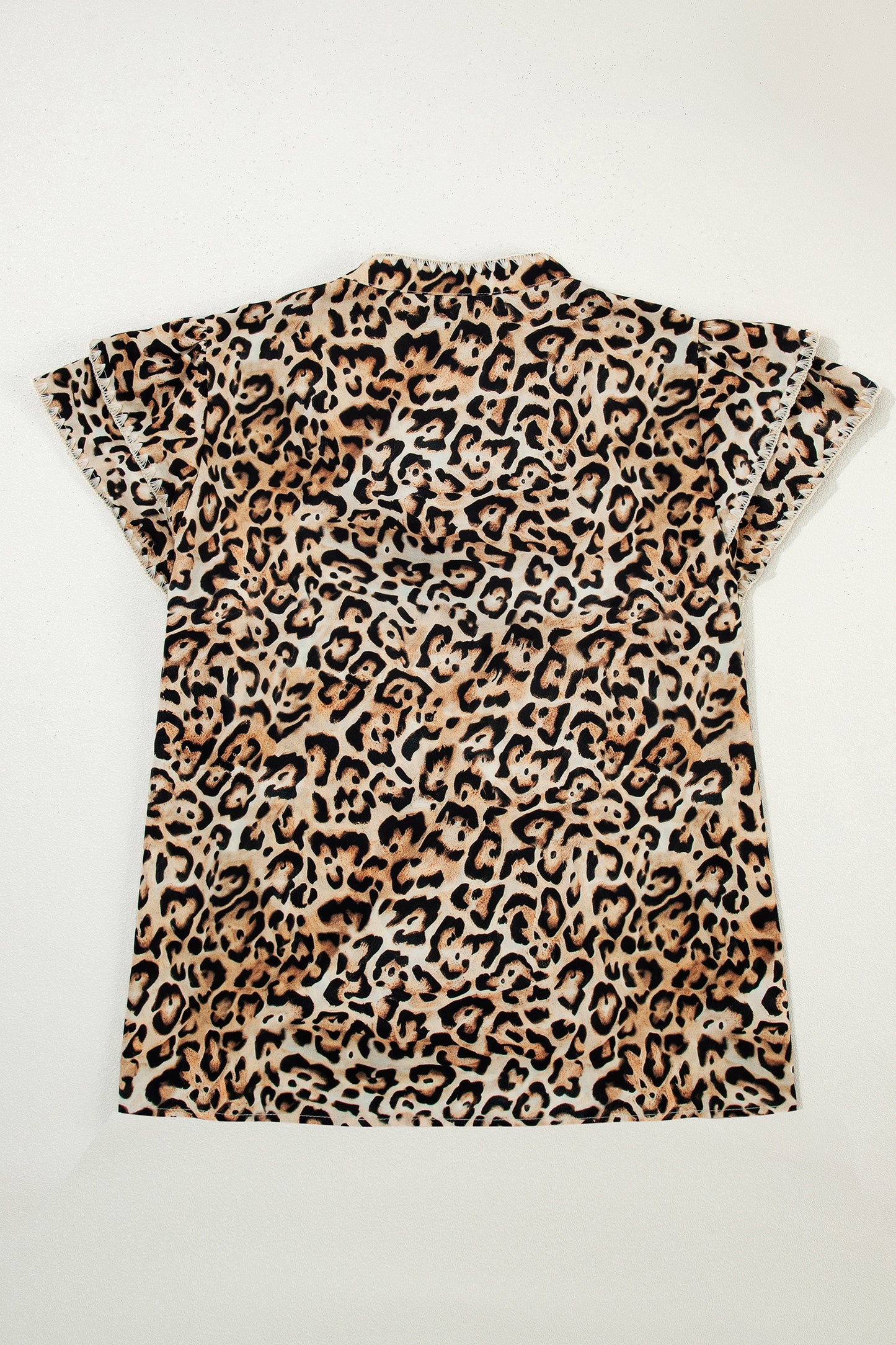 Khaki Plus Size Leopard Print Stitch Detail Ruffled Short Sleeve Blouse