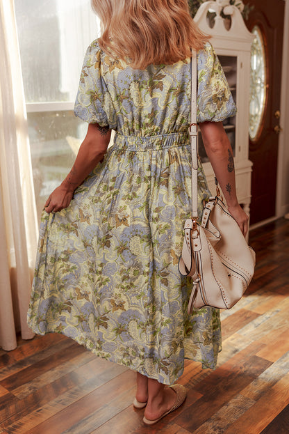 Multicolour Vintage Floral V Neck Short Puff Sleeve Long Dress