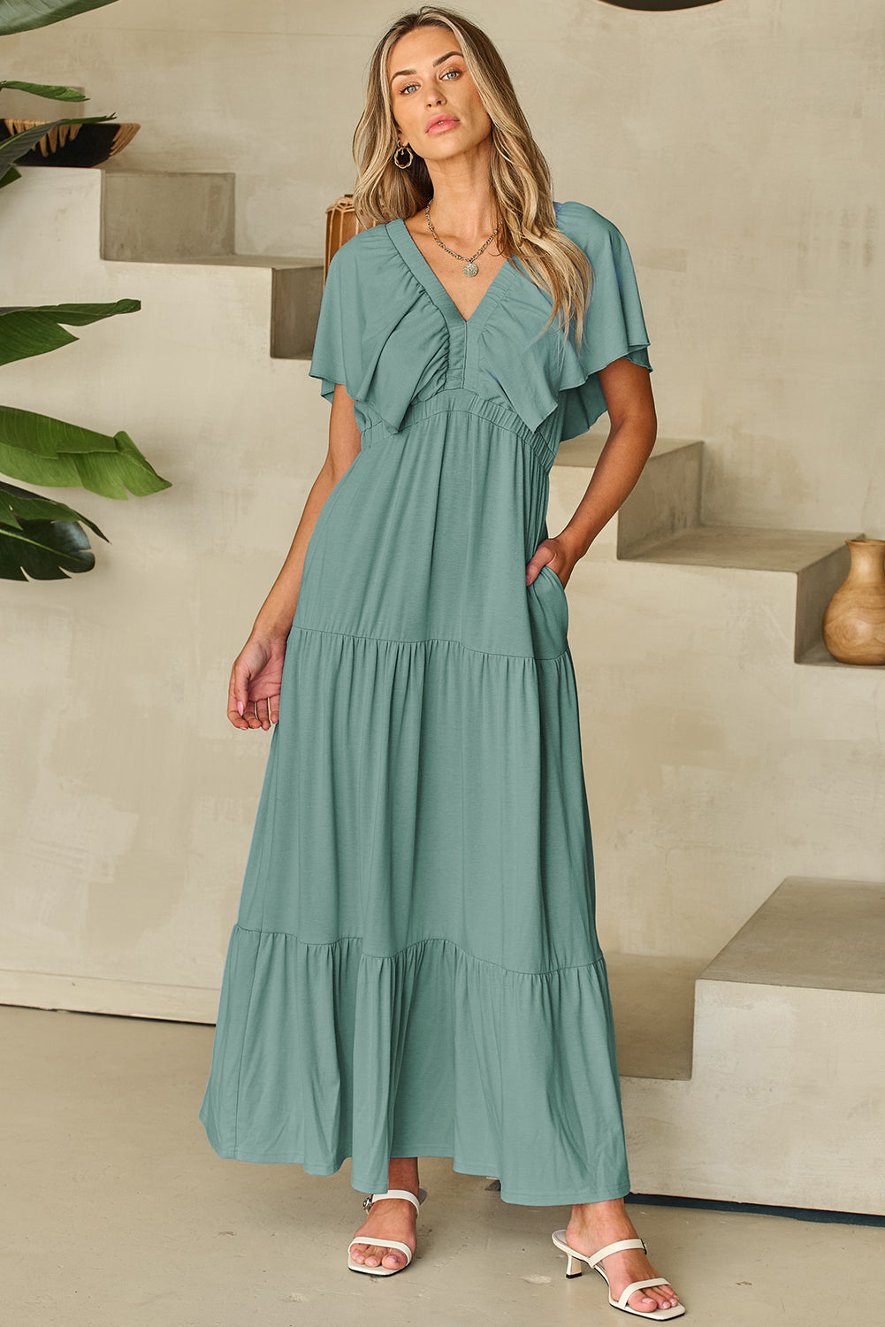Grass Green Textured V Neck Flutter Sleeve Ruffled Maxi Dress