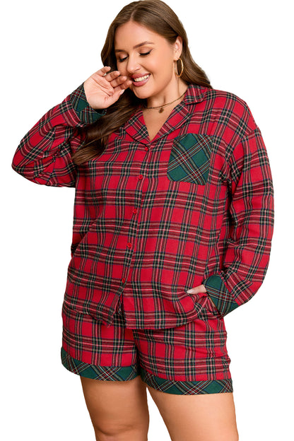 Red Plus Size Plaid Contrast Patchwork Long Sleeve Shirt and Shorts 2pcs Pajama Set