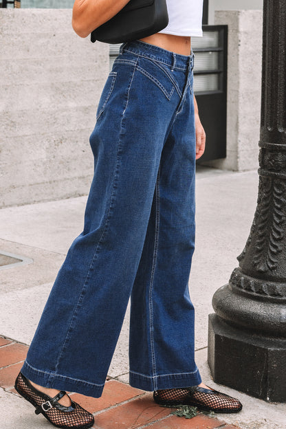 Sail Blue Stitched Waist Detail Loose Cuffed Jeans