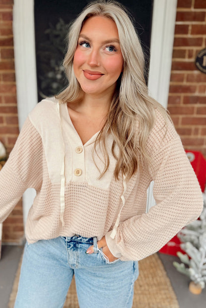 Racing Red Waffle Patchwork Drop Shoulder Hooded Long Sleeve Top