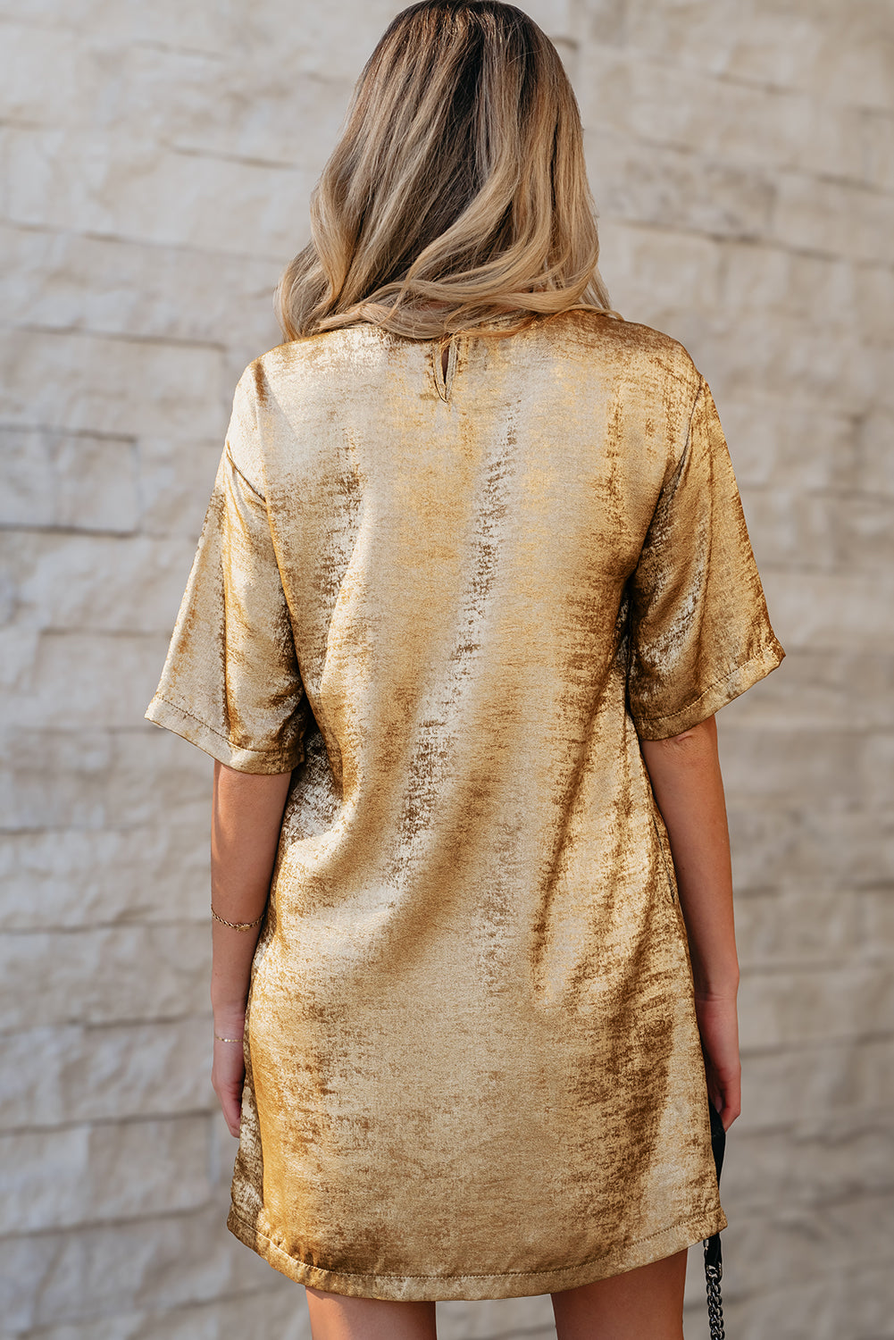 Gold Metallic Luster Crewneck Mini T-Shirt Dress