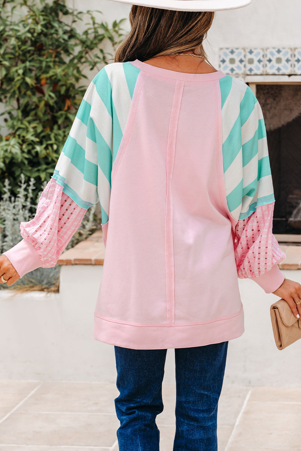 Bonbon Striped Colorblock Patchwork Raglan Pullover Top with Slits