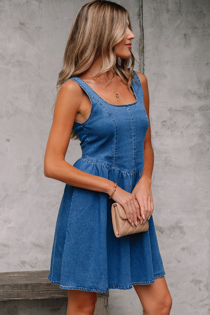 Sail Blue Square Neck Bowknot A-line Sleeveless Denim Dress