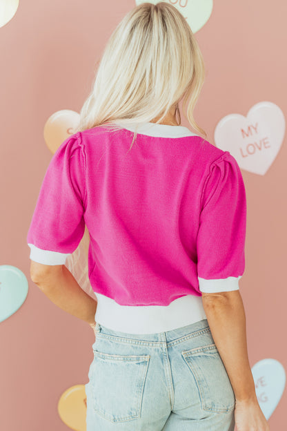 Bright Pink XOXO Embroidered Graphic Valentines Contrast Trim Crew Neck Short Puff Sleeve Sweater Tee